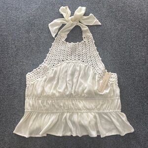 NWT Anthropologie Sarah Hann Ivory Crochet Halter Peplum Top XL Boho